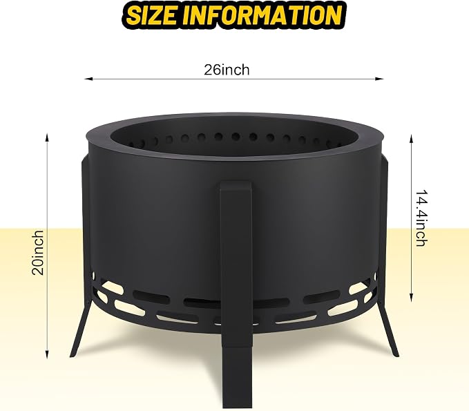 Smokeless Fire Pit 26" with Ash Tray Base - Large Steel Outdoor Fire Pits for Patio, Camping & Backyard, Includes Adjustable Feet, Fire Poker & Dust Bag