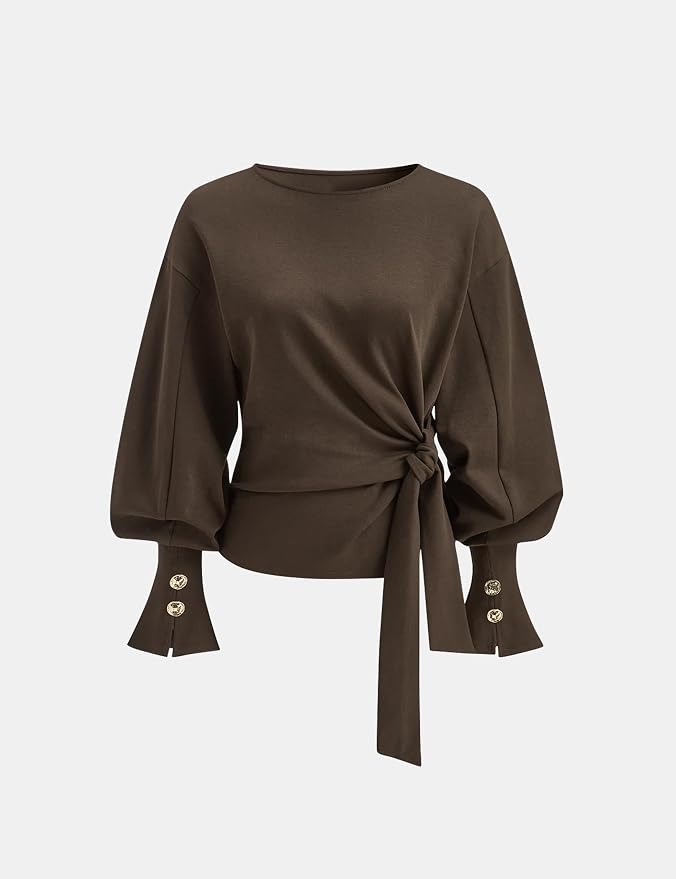 Dsewpaur Twist Knot Tie Front Sweatshirt Tops For Women Long Balloon Sleeve Crew Neck Pullover Casual Fall Outfits