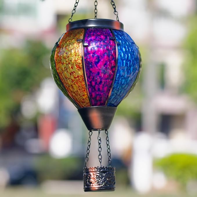 Solar Hot Air Balloon Outdoor Lantern with Flickering Flame, Handmade Glass Hanging Outdoor Lantern Waterproof Decorative Lantern Lamp for Patio, Garden, Porch (Colorful) | Handmade Glass, Waterproof, Decorative Lantern Lamp, for Patio, Garden, Porch, ...