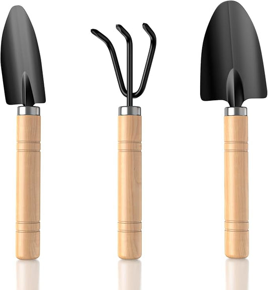 3 Pcs Mini Garden Tool Set with Small Trowel, Mini Shovel & Hand Rake | Iron Gardening Hand Tools with Wood Handle, Potting & Transplanting Tool Kit for Houseplants, Succulents, Herbs & Flowers
