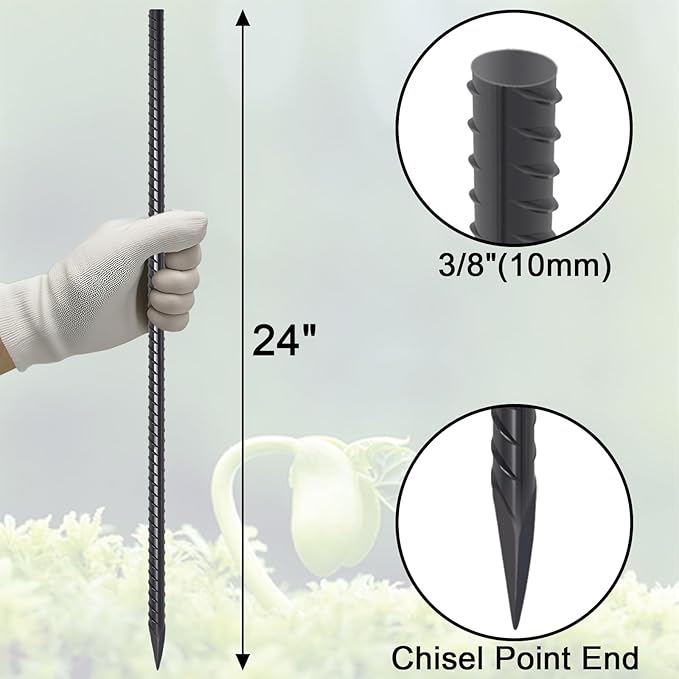 VVOKGO Rebar Stakes 24 Inch Ground Straight Concrete Form Stakes Heavy Duty (8pcs), 3/8" Diameter Metal Steel Spikes Anchors with Chisel Point End for Plant Support, Garden Border,Landscape Edging