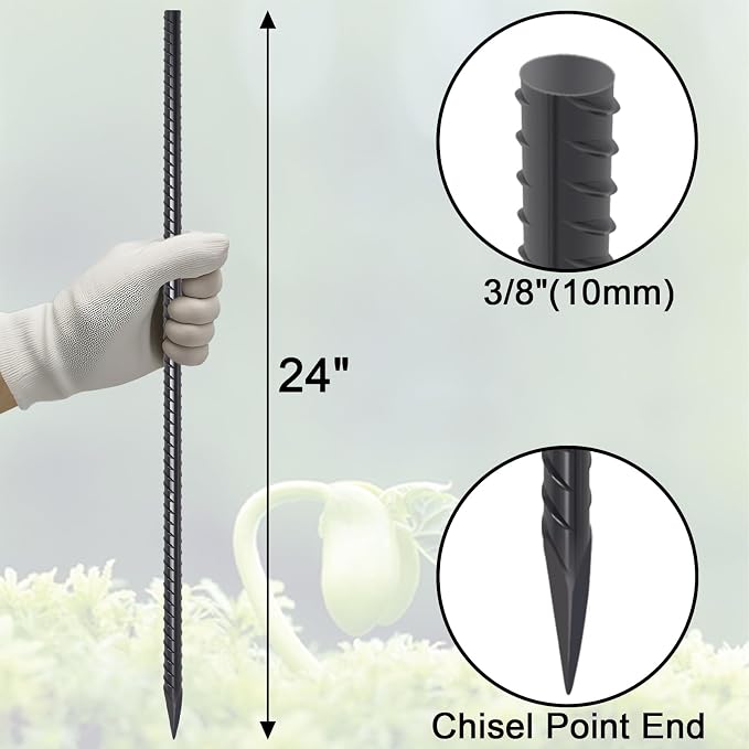 VVOKGO Rebar Stakes 24 Inch Ground Straight Concrete Form Stakes Heavy Duty (24pcs), 3/8" Diameter Metal Steel Spikes Anchors with Chisel Point End for Plant Support, Garden Border,Landscape Edging