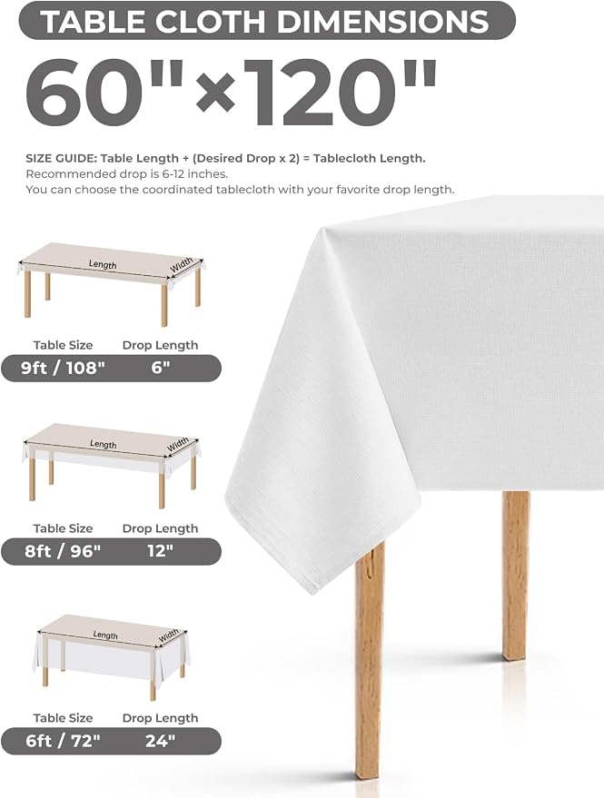 Decorelia White Reusable Waterproof Table Cloths for 8 Ft Rectangle Table-2 Pack, Washable Polyester Rustic Rectangular Table Cloth Cover for Wedding,Outdoor,Events, Party,Banquet, Dining, 60x120 Inch