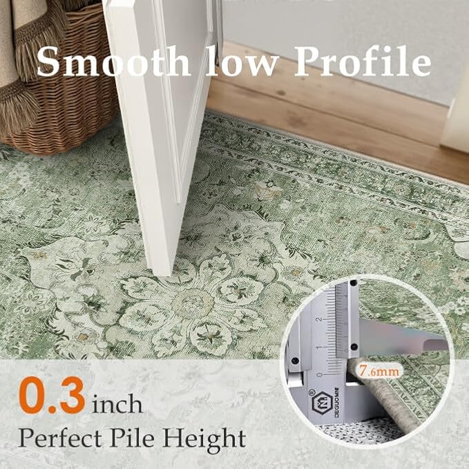 Sage Green Runner Rug 2x6 Kitchen Vintage Floral Non-Slip Carpet | Machine Washable, Soft, Low Pile, Distressed, for Hallway, Entryway, Laundry Room, Bathroom, Retro Farmhouse Decor