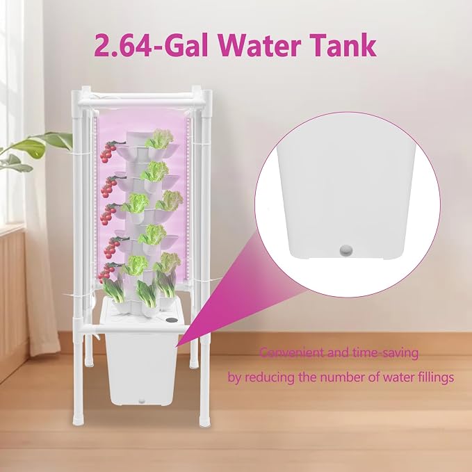 Hydroponic Tower Growing System Kits with LED Grow Lights 30 Pods Indoor Vertical Planter Germination Kit 6 Layers Hydroponic Tower for Fruits, Vegetables, Herbs, and Miniature Greens (White)