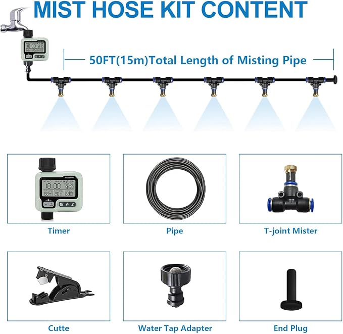 Outdoor Mister System for Outside Patio, Misting Cooling System 65Ft + Water Timer, Water Mist Hose for Backyard, Garden, Greenhouse,Umbrella,Deck,Canopy,Pool,Porch,Gazebo,Kids Trampoline Sprinkler…