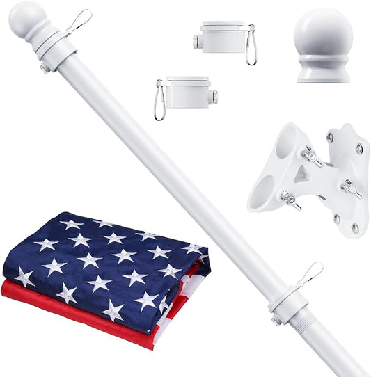 5 FT Flag Pole Kit, Tangle Free Spinning Weather Resistant Rustproof Stainless Steel Flagpole with Base for 1" Dia Flag Pole Holder for Outside House, Wall (White)