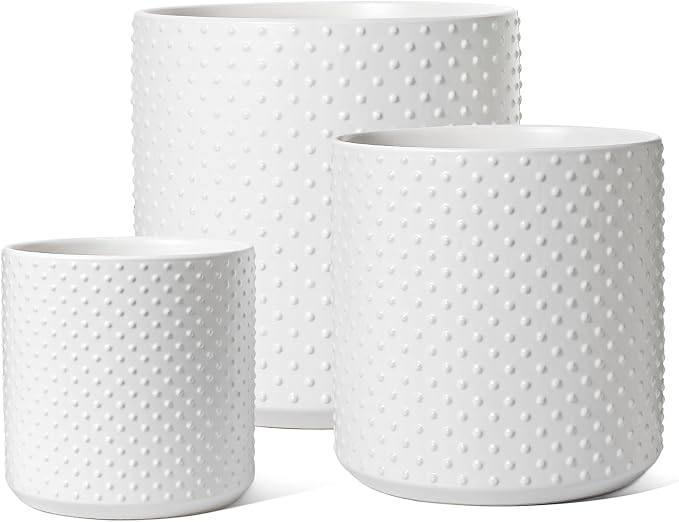 LE TAUCI 10+8+6 Inch Ceramic Pots for Plants, Indoor Planters with Drainage Hole and Plug, Raised Dots Cylinder Flower Pots Set of 3 for Living Room and Bedroom, Matte, White