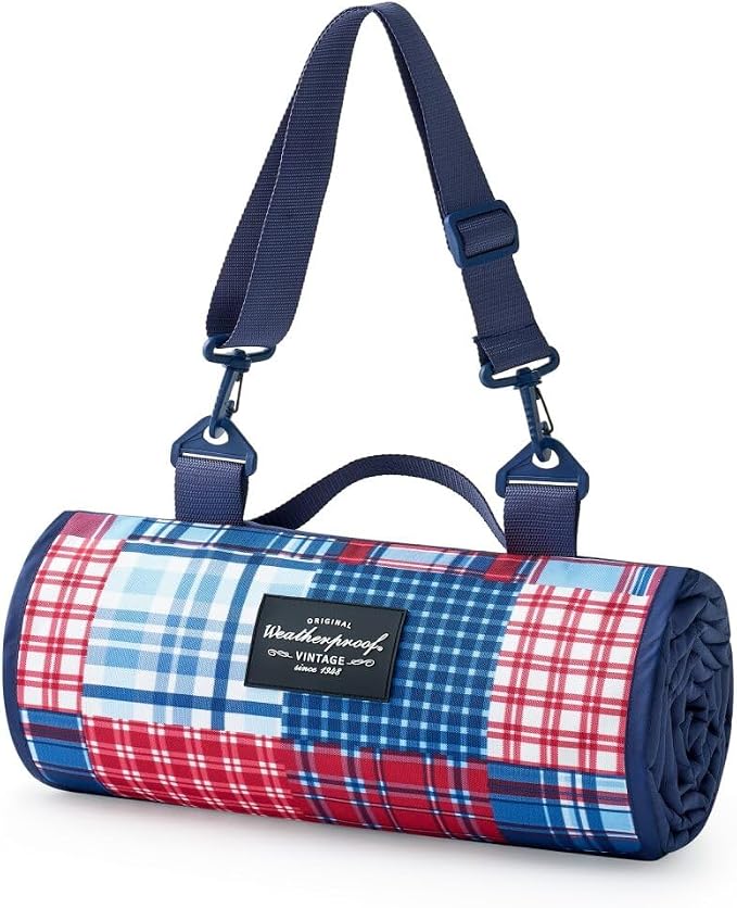 Weatherproof Vintage Waterproof Outdoor Blanket- Blue and Red Roll Up Throw Blanket with Handle, Velcro Closure - Camping Supplies, Travel Blanket for Beach, Picnic & Events, 60"x72" (Madras)