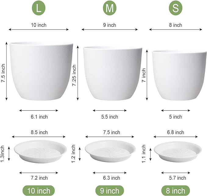 WSMKSZ 10/9/8 inch Medium Flower Pots, 3 Pack Modern Decorative Plastic Planters with Drainage Holes and Tray, Plant Pots for Indoor Outdoor Plants, White