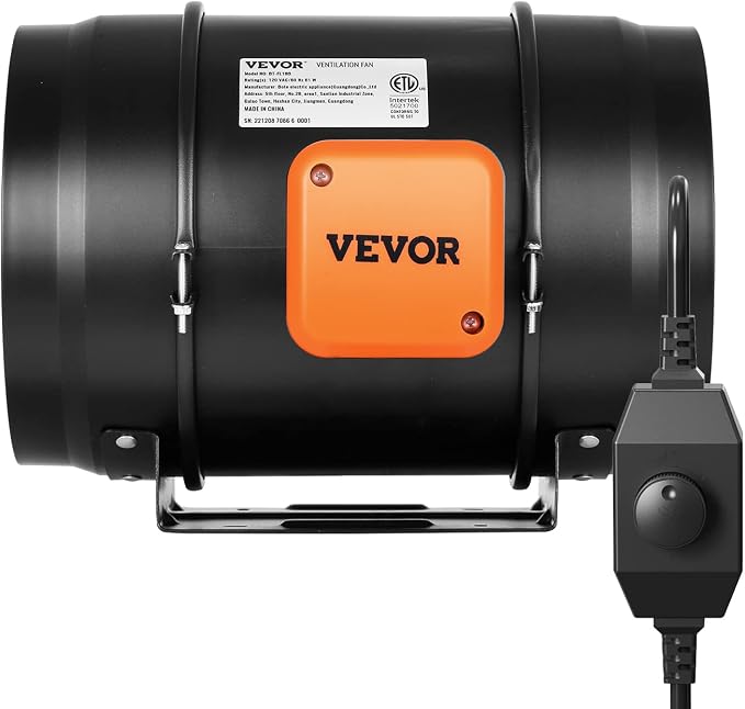 VEVOR 8 inch Inline Duct Fan 750 CFM Ventilation Exhaust Fan Low Noise | for Cooling Booster, Grow Tents, Hydroponics, Quiet AC-Motor, with Variable Speed Controller, Vibration-Free Rubber Mats