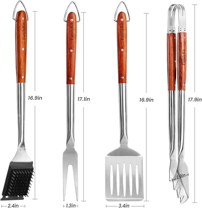 4PCS Grilling Accessories Rose Wooden BBQ Grilling Tools Set, Heavy Duty Stainless Steel Barbecue Grill Tools Kit with Spatula, Clips, Brushes, Forks for Outdoor Grill, BBQ Gift for Men and Women