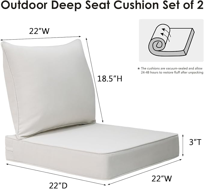Unimatta Outdoor Patio Chair Cushions Set, 22" x 22", Set of 2, Water-Repellent, Fade Resistant, Deep Seat Bottom and Back Cushion for Backyard, Couch, Sofa and Patio Furniture, Linen