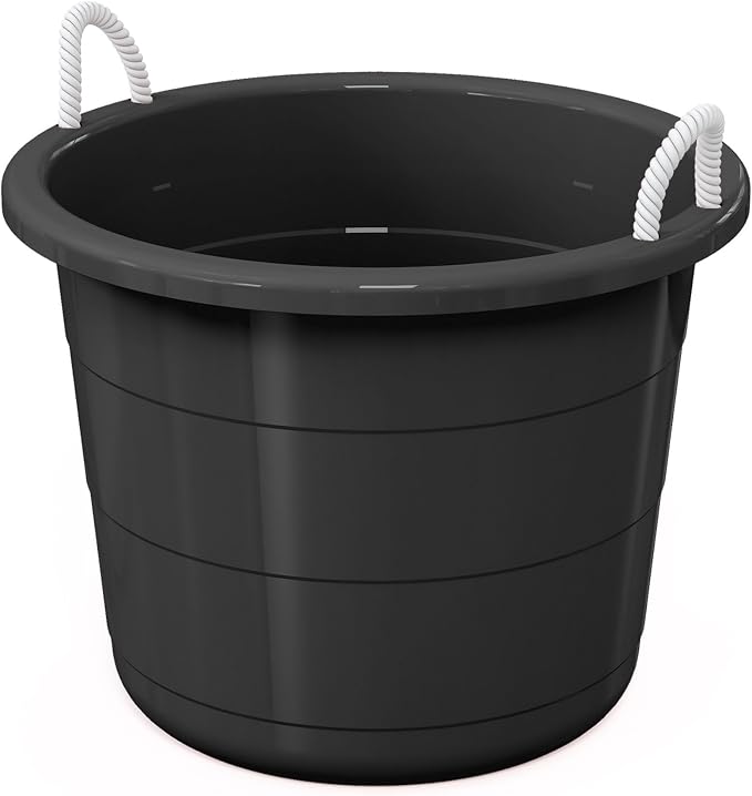 Life Story Large 17 Gallon Flexible Plastic Storage Bucket Container with Easy Grip Rope Handles for Indoor and Outdoor Storage, Black, 8 Pack