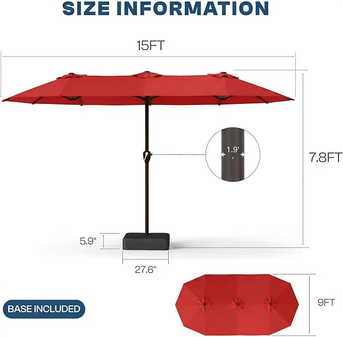 15FT Large Patio Umbrella with Base Included, Double Sided Outdoor Market Umbrella with Flexible Fiberglass Ribs, UV-Blocking Extra Large Umbrella for Garden, Pool, Deck, Red