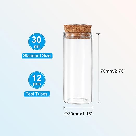 PATIKIL 30ml Test Tubes, 12pcs 2.76x1.18 Glass Clear Flat Bottom Test Tube Containers with Cork Stopper for Bead Party Candy Bath Salt Storage Scientific Experiment Plant Propagation