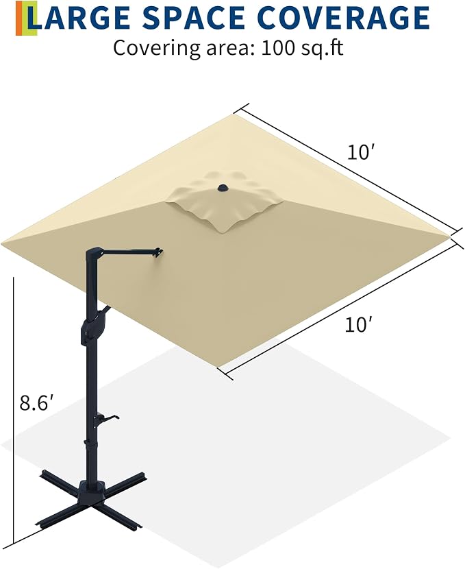 PeakPursuit 10' x 10' Square Cantilever Umbrella - Heavy Duty Aluminum Patio Sun Shade Offset Umbrella with 360-Degree Rotation for Outdoor Decor, Backyard, Deck, Pool