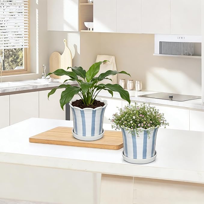 Ceramic Plant Pots, 5.8 Inch Planter Pot with Drainage Hole and Sauser, Stripe Ceramic Planters with Floral Edge for Indoor Succulent Flower Orchid Plants Home Room, Blue