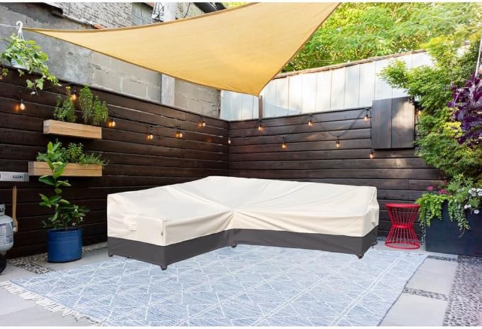 Outdoor Sectional Cover Patio Furniture Covers Waterproof Rip-Stop Anti-UV 600D Heavy Duty Couch Sofa Cover with 3 Air Vent (Beige & Charcoal, L-Shaped-90''X120'')