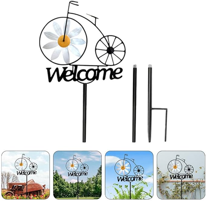 SUPVOX Metal Wind Spinner, Bicycle Wind Spinners Garden Metal Sunflower Stake with Welcome Sign Antique Bike Stake Decoration Outside Garden Decor for Patio Lawn