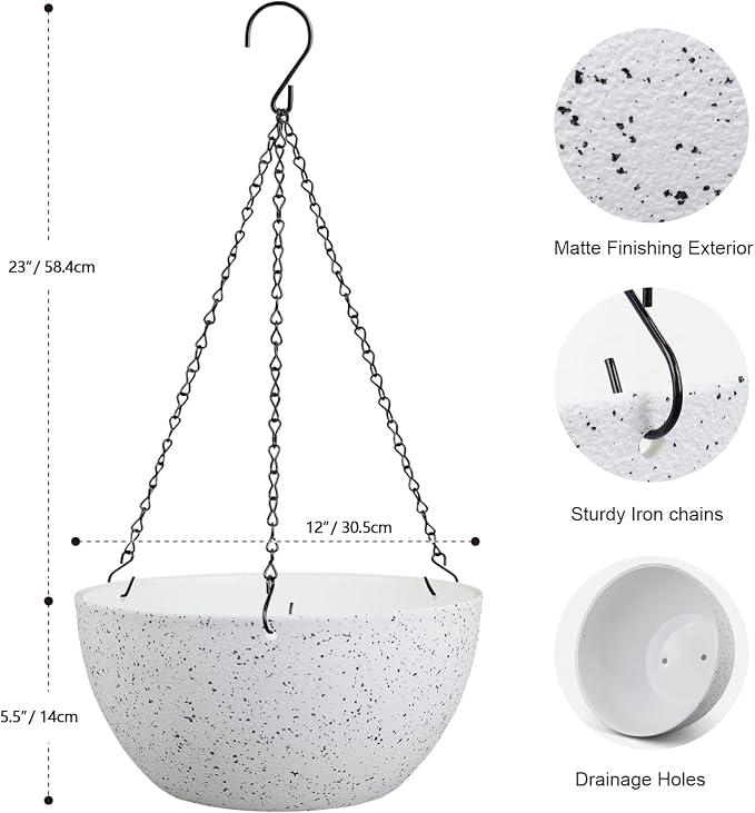 Meowell 12 inch Large Hanging Planters for Indoor Outdoor Plants, 2 Pack Hanging Flower Pots with Drainage Holes and Chain for Garden Porch, Plastic Hanging Baskets for House Plants, Speckled White