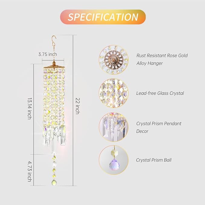 Crystal Wind Chimes Rainbow Suncatcher for Window, Garden, Patio | K9 Crystal Suncatcher, 22 Inches, Creates Rainbows Indoors/Outdoors, Ideal For Gifting, Rose Gold Hooks, Porch/Balcony