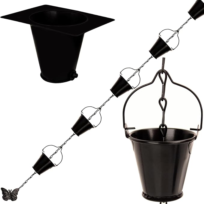 8.5FT Wrought Iron Rain Chain, Black Cup Bucket Design, 16 Cups, Gutter Adapter & Decorative Butterfly, Outdoor Garden Decor