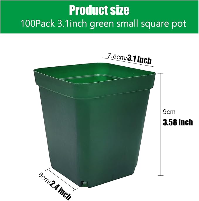 RooTrimmer Square Seedling Nursery Pots 3.15 Inches 100 Pcs for Small Succulents or Cacti Flower Plastic Pots Sturdy Reusable (Green, 3.14Inches,100Pcs)