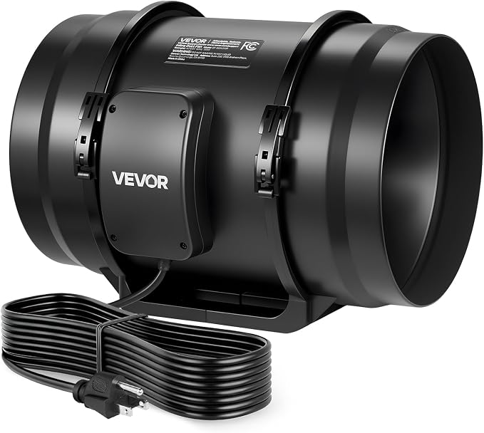 VEVOR Inline Duct Fan, 8-Inch 720 CFM with Power Cord, Quiet AC-Motor Ventilation Exhaust Fan for Cooling Booster, Grow Tents, Hydroponics