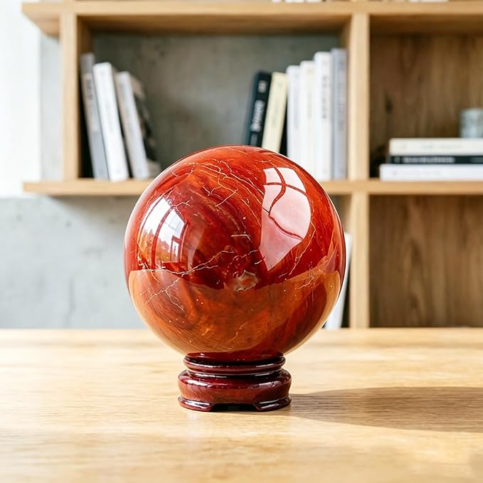 2-2.4 inch Natural Red Jasper Crystal Ball with Stand, Hand Polished Quartz Stone Sphere, Reiki Healing Mineral Sphere, Energy Balancing Degaussing Stone, Home Office Desktop Ornament