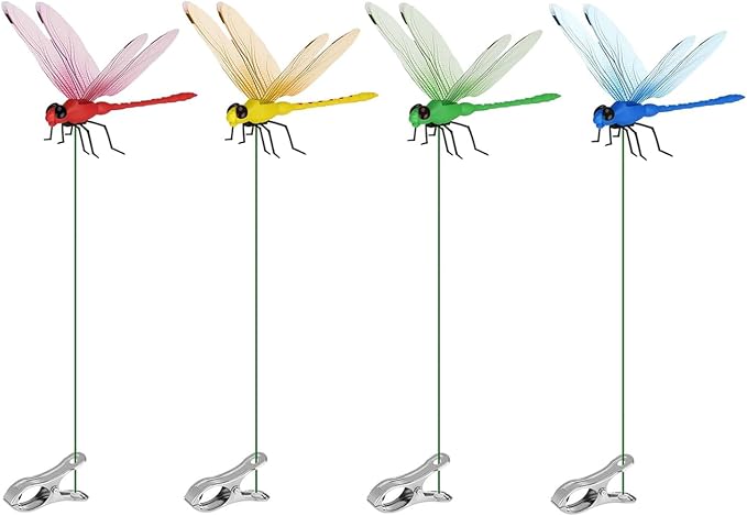 4 Pack Dragonfly Clip, 3D Small Fake Dragon Fly Clips, Garden Stakes Decor, Dragonflies Decoration for Clothes, Hats, Pets and Deer, Horse, Bird and Fly Scare Devices Indoor Outdoor
