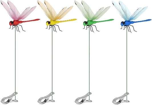 4 Pack Dragonfly Clip, 3D Small Fake Dragon Fly Clips, Garden Stakes Decor, Dragonflies Decoration for Clothes, Hats, Pets and Deer, Horse, Bird and Fly Scare Devices Indoor Outdoor