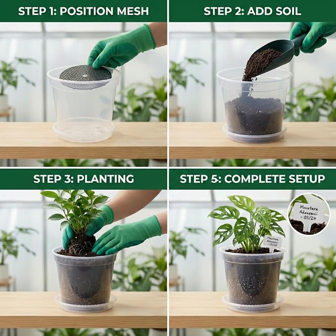 Zonara Clear Nursery Pots with Drainage 12 Pack, 5/6/7/8 Inch Transparent Plastic Plant Pots with Saucers, Mesh Pads & Plant Tags, Reusable Pots for Indoor Plants, Seedlings (5/6/7/8 Inch)
