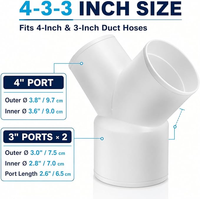 Enenes 3 Way Duct Splitter Reducer 4-3-3 Inch Connector for Dryer Vent Hose | Connects One 4 Inch Duct to Two 3 Inch Vent Hoses for Fresh Air, HVAC and Exhaust Systems; Includes 3 Stainless Steel Clamps