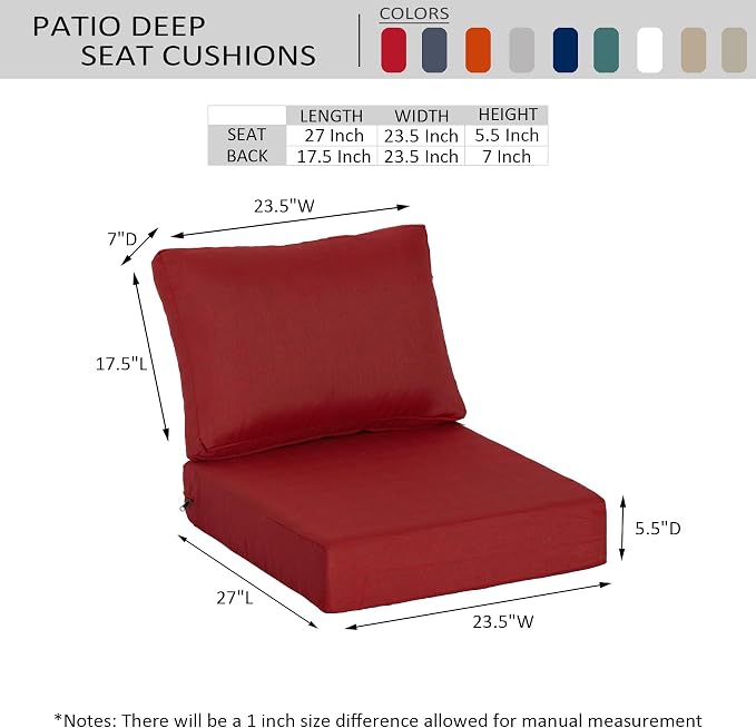 23.5"x27" Outdoor Deep Seat Patio Cushions Set of 2, Deep Seat Bottom Resilient Foam Filling Water-Resistant Stain-Resistant UV Resistant Weather Resistant with YKK Zippers, Chili