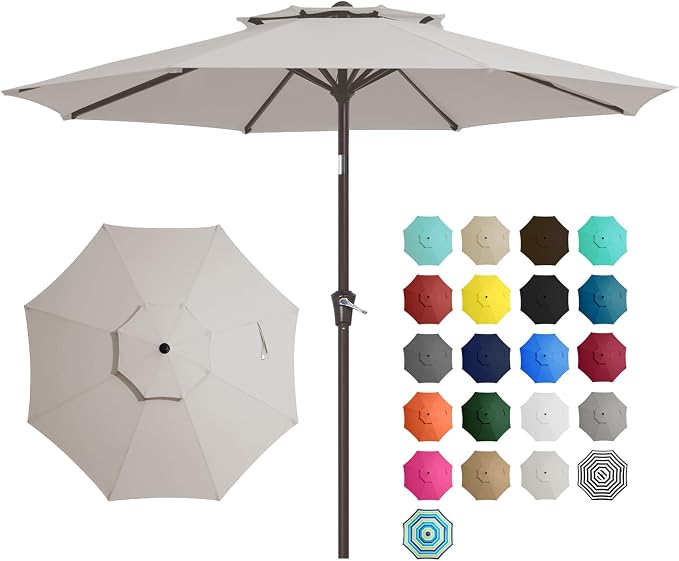 JEAREY 9' 2-Tiers Patio Umbrellas Outdoor Table Market Umbrella w/Push Button Tilt/Crank, 8 Sturdy Ribs, UV Protection Waterproof Sunproof(Fog Gray)