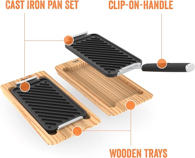 Yukon Glory Cast Iron Grill Pan Set | 2 Grooved Cast Iron Pans, Wooden Serving Trays & Clip-On Handle | Grill to Table | Gas, Charcoal & Campfire