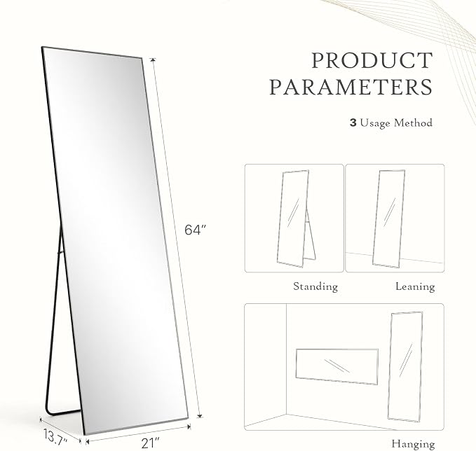 21"x64" Mirror Full Length, Upgraded Body Wall Mirrors | Shatter-Proof Nano Glass, Tall Standing, Hanging or Leaning, Aluminum Alloy Frame for Bedroom, Modern Home Decor, Black