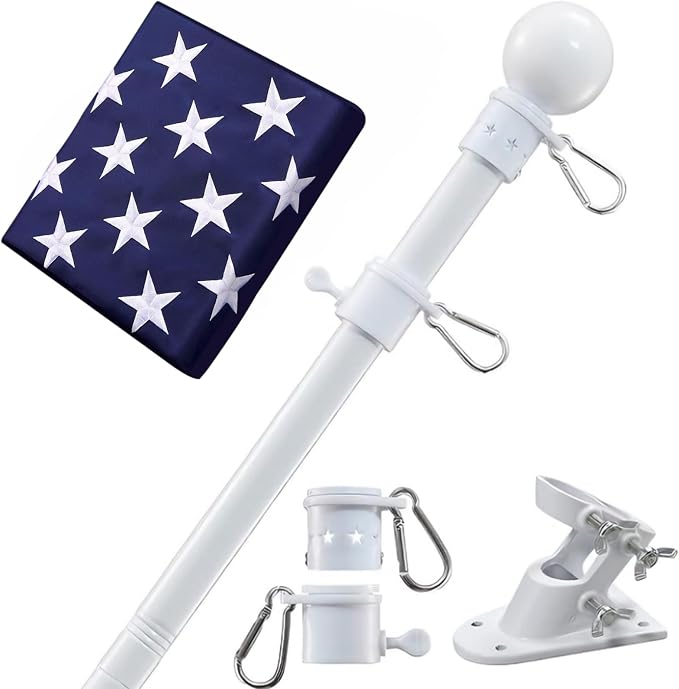 House Flag Pole With American Flag - Flagpoles Residential Kit with 5ft Tangle Free Metal Flag Pole,3x5 Embroidered US Flag,Holder Bracket,Heavy Duty Flag Poles for Outside House,Porch,Outdoor-White