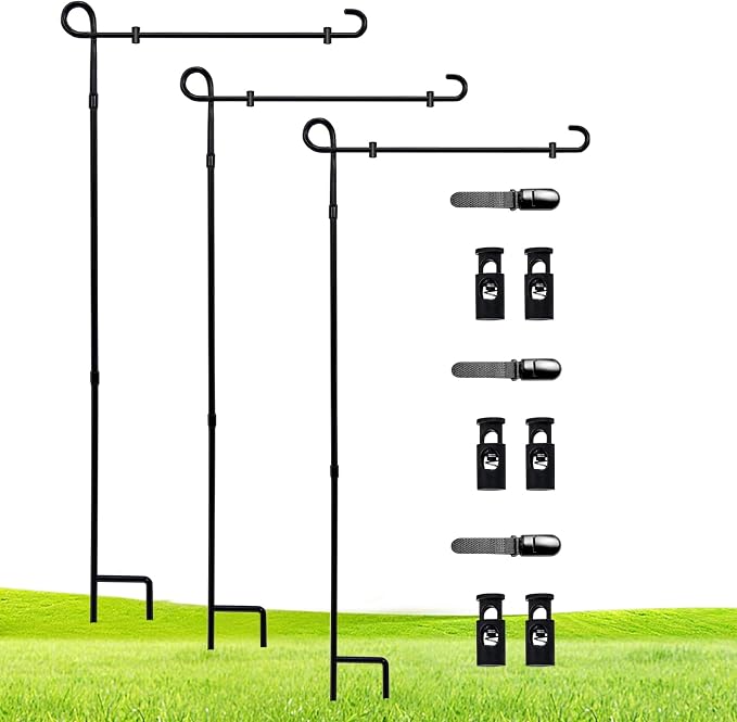 3 Pack Garden Flag Stand Holder Pole,Premium Powder-Coated Weather-Proof Metal Paint Yard Flag Stand with Tiger Clip and Spring Stoppers,House Flag Pole Holder for Outdoor Garden Lawn