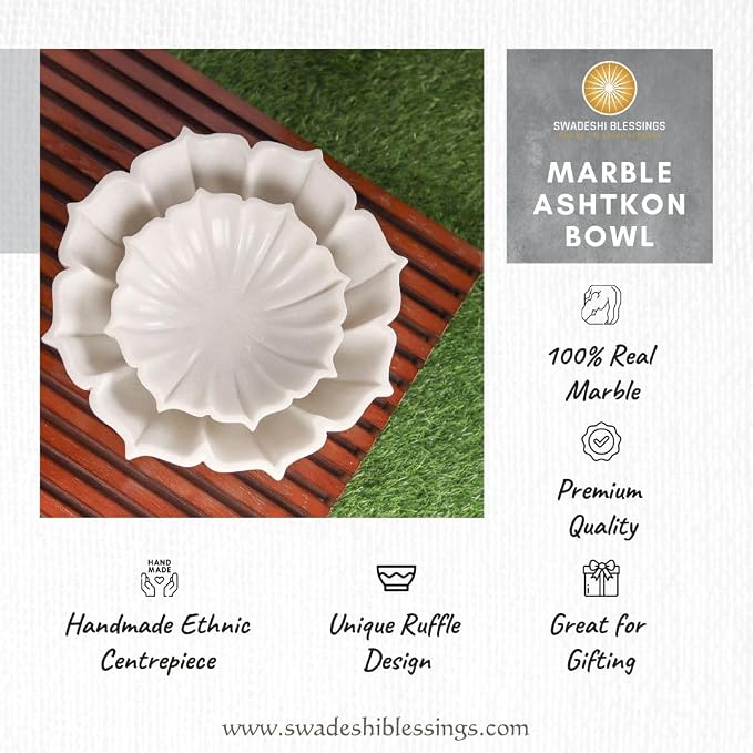SWADESHI BLESSINGS HandCrafted Marble Lotus Bowl/Organic Modern Home Decor Bowl/Fruit Bowl/Vintage Ring Dish/Decorative Flower Dish/HouseWarming Gifts/Wedding Gifts/Urli (10 Inches)