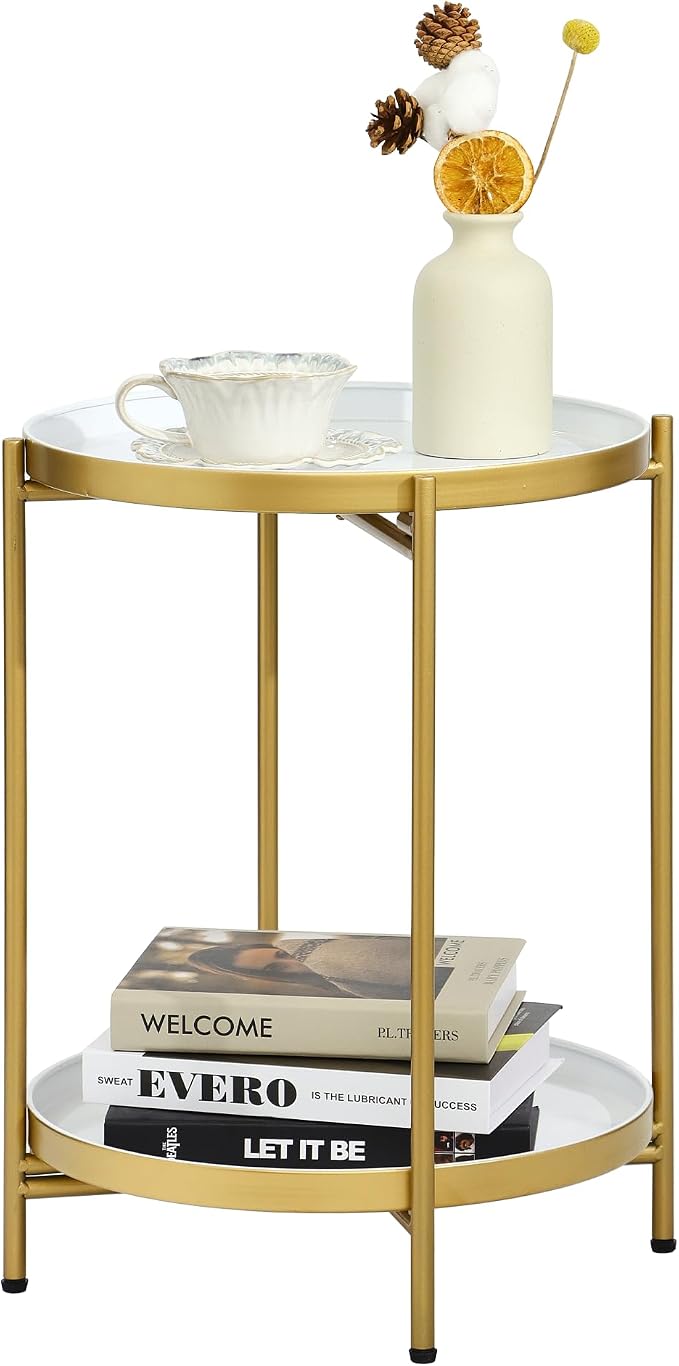 2-Tier Round End Side Table, Small Metal Side Table with Removable Tray, Folding Accent Tables for Living Room, Balcony, Nightstand for Bedroom, Outdoor Tables for Patio, Gold&White