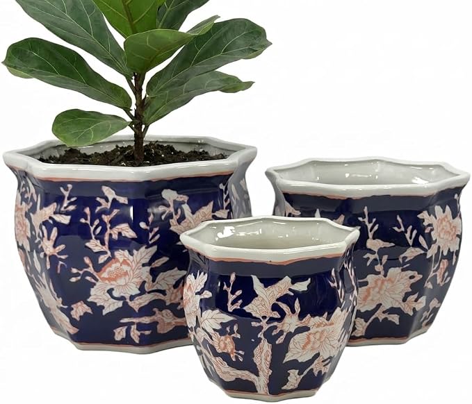 Galt International Blue & Pink Round Fluted Floral Porcelain Ceramic Plant Flower Planter Pot Set of 3 (7.5", 10", 13") Garden Pots Chinese Asian Design