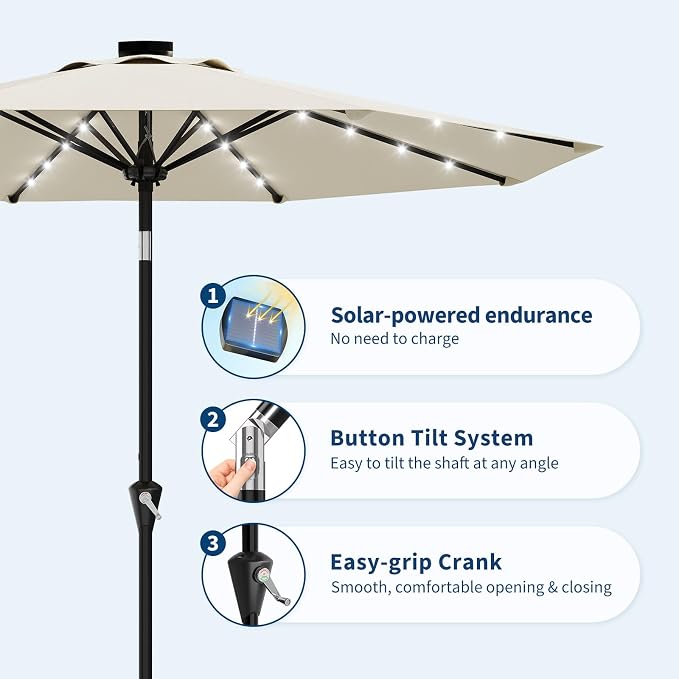 GarveeLife Patio Umbrella with Solar Lights, Outdoor Table Umbrella with 8 Durable Ribs, Tilt & Crank Mechanism, Water & UV Protection Sun Shade Umbrella for Garden, Poolside, Backyard (Beige, 9 FT)