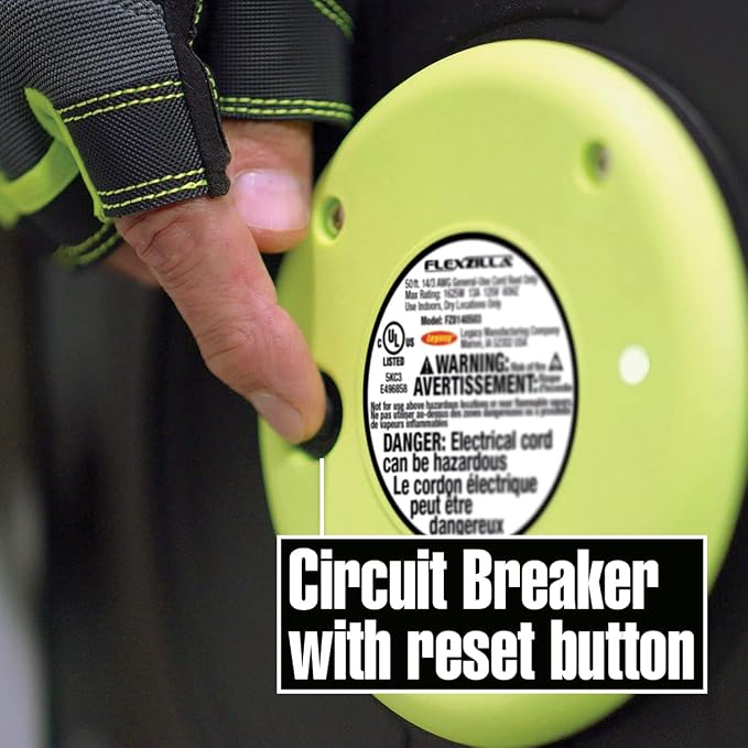 Flexzilla Retractable Extension, 14/3 AWG SJTOW, 50', Grounded Triple Tap Outlet Electric Cord Reel, ZillaGreen, FZ8140503