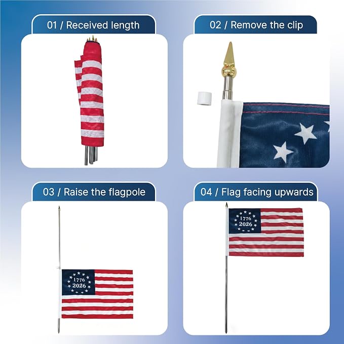 6 Pcs 250th Anniversary American Flags on Stick 12x18 Inch, 1776-2026 US Handheld Flag with Telescopic Stainless Steel Pole, Small USA Stick Flag Perfect for 4th of July Patriotic Decorations