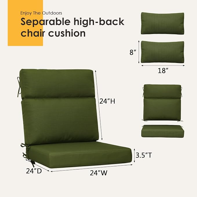 Outdoor High Back Chair Cushion, 2 Pack 48 x 24 inches Patio Chair Cushions Water Repellent Rocking Cushions Indoor Furniture Seat Pad with 2 Pillows, Deep Forest Green