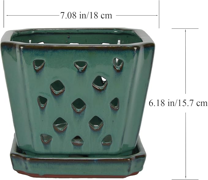 W&W Orchid Pot with Holes and Saucer for Repotting, Green, 7"