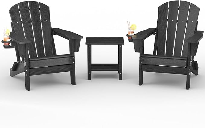 GarveeLife Folding Adirondack Chair Set of 2 with Side Table, All-Weather HDPE Outdoor Chair, Wooden Textured with Cup Holder for patios, Decks, Gardens, fire pits, Black