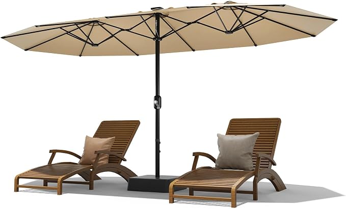 Garvee 15FT Rectangular Outdoor Umbrella Patio Umbrella with Base Included Large Market Umbrellas with Crank Handle UV Protection Table Umbrellas for Outdoor, Backyard, Deck, Poolside, Beige